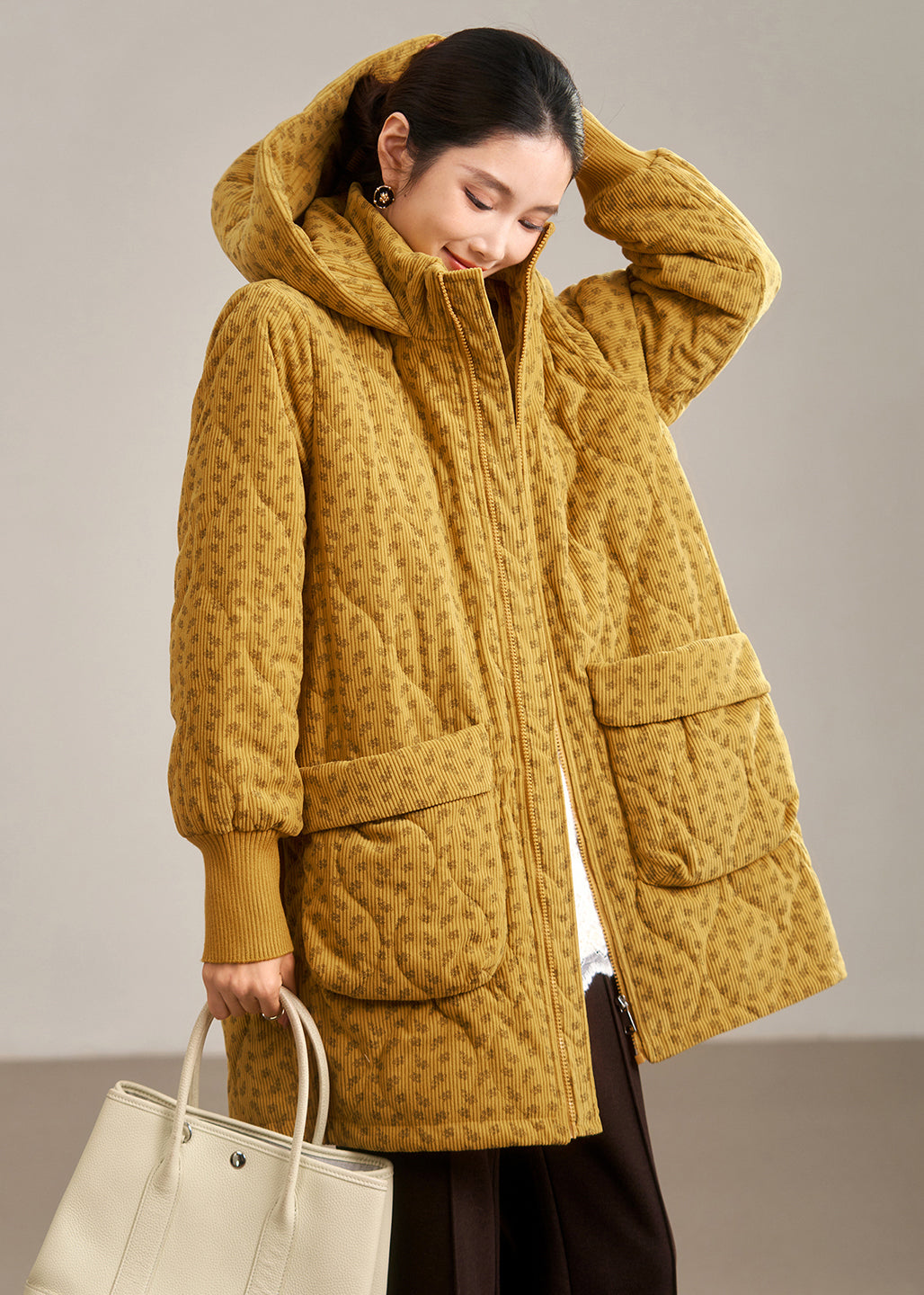 Plus Size Yellow Hooded Pockets Fine Cotton Filled Coat Winter