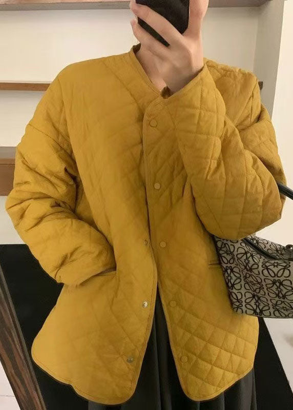 Plus Size Yellow O Neck Pockets Fine Cotton Filled Jackets Fall