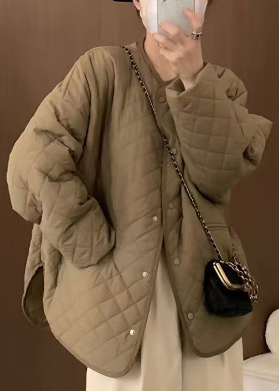 Plus Size Yellow O Neck Pockets Fine Cotton Filled Jackets Fall