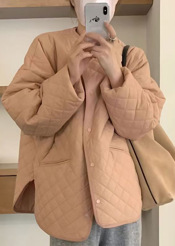 Plus Size Yellow O Neck Pockets Fine Cotton Filled Jackets Fall