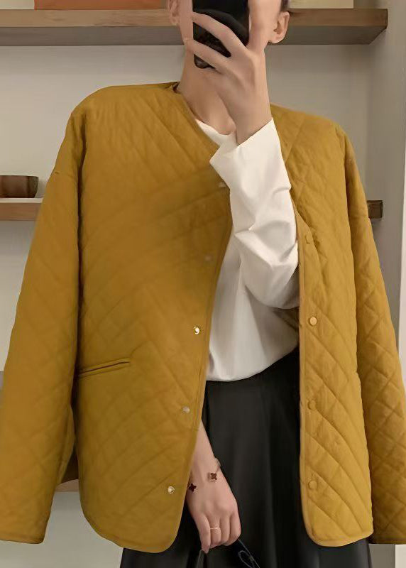 Plus Size Yellow O Neck Pockets Fine Cotton Filled Jackets Fall