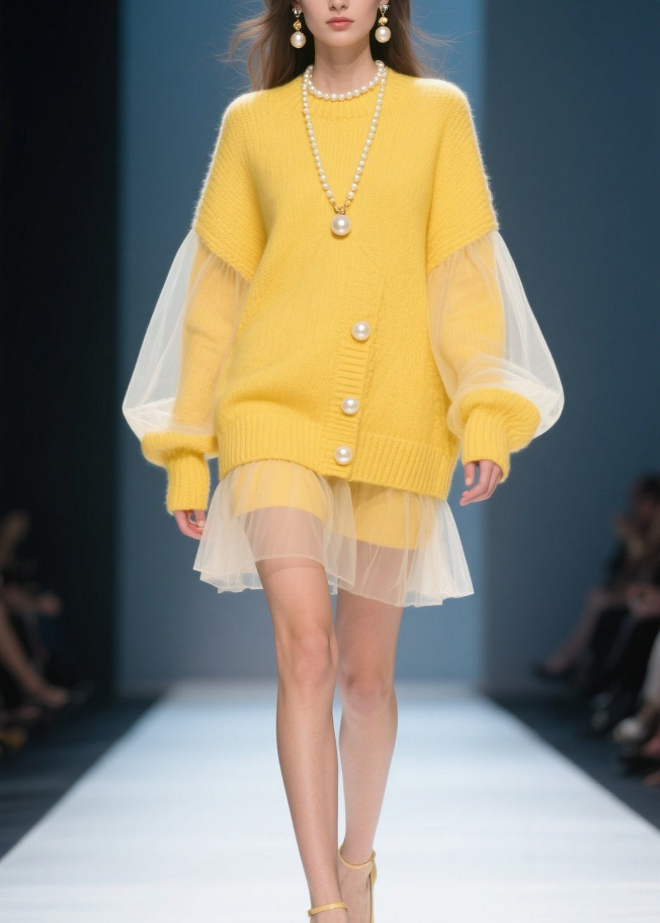 Plus Size Yellow O Neck Tulle Patchwork Knit Dress Fall