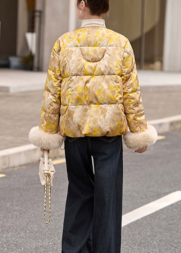 Plus Size Yellow Oriental Button Fur Patchwork Duck Down Jacket Winter