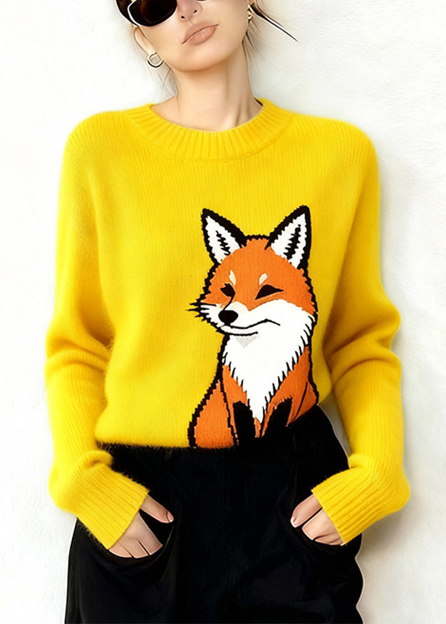 Plus Size Yellow Oversized Cute Fox Thick Knit Sweaters Spring