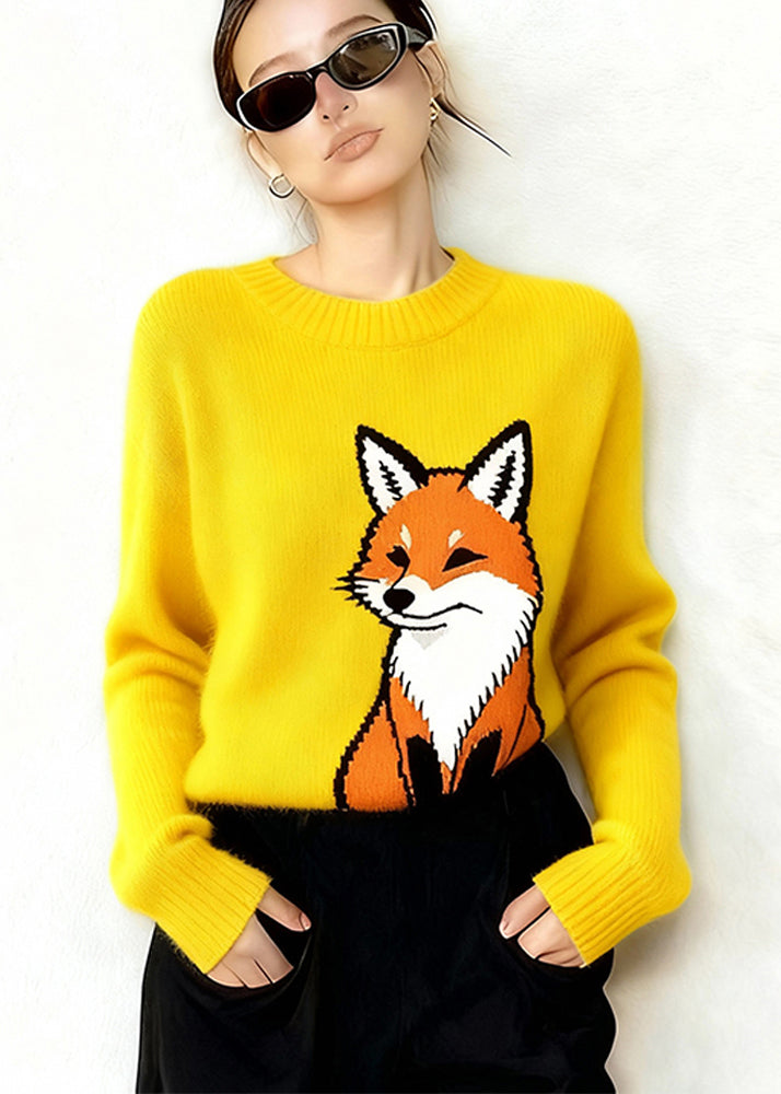 Plus Size Yellow Oversized Cute Fox Thick Knit Sweaters Spring