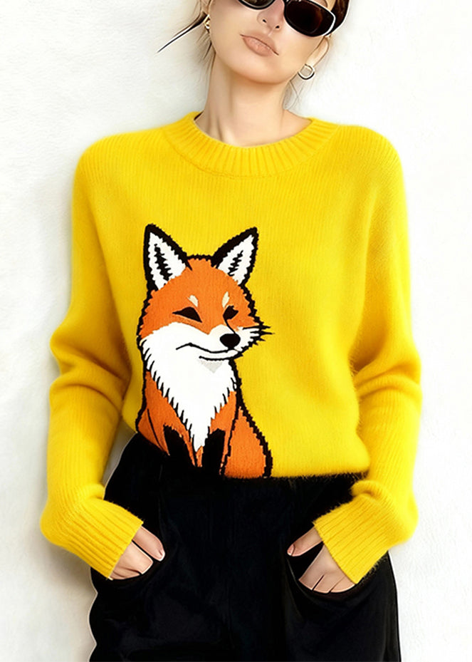 Plus Size Yellow Oversized Cute Fox Thick Knit Sweaters Winter