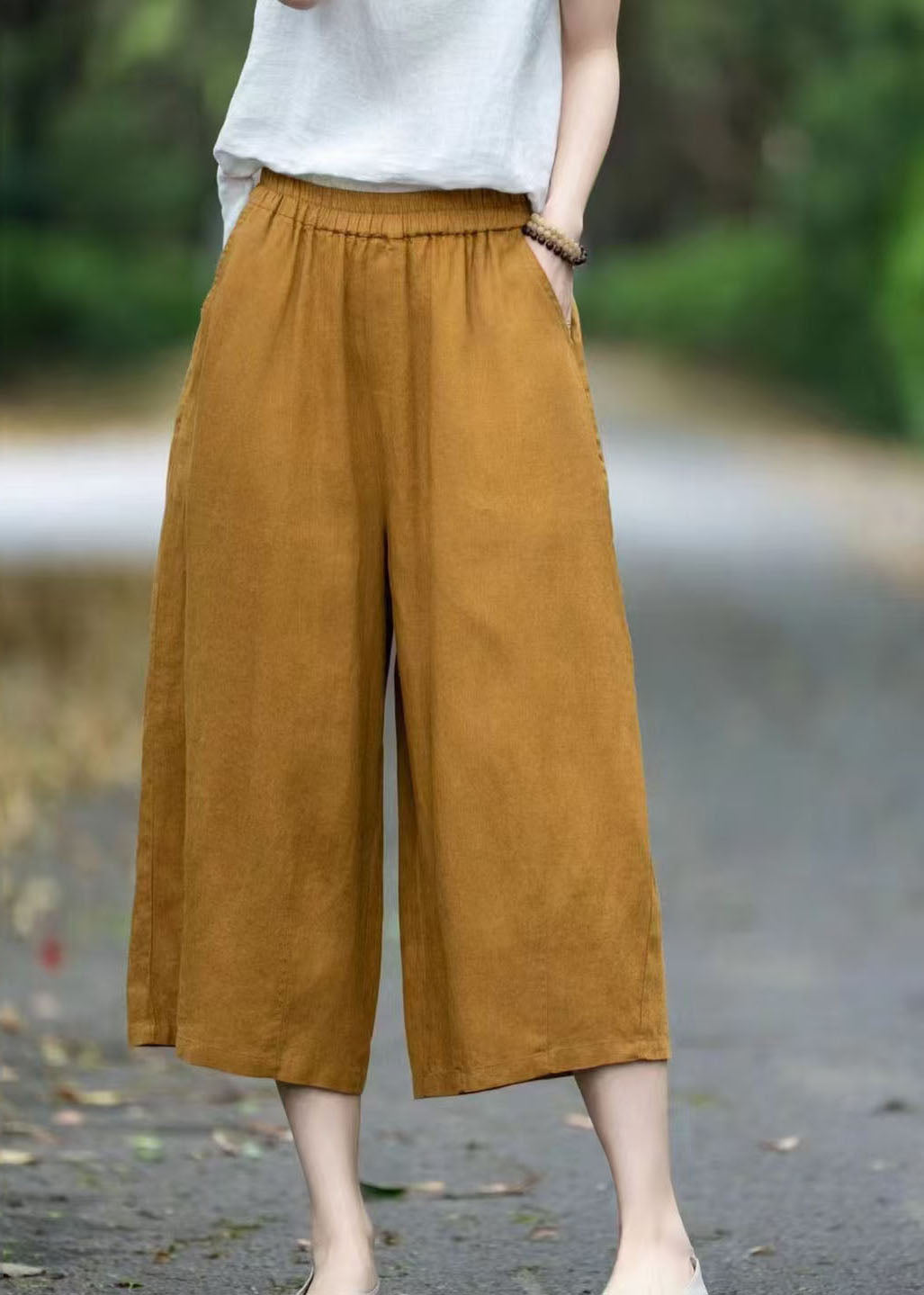 Plus Size Yellow Oversized Pockets Linen Pants Summer