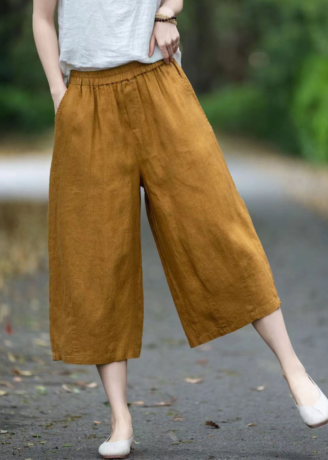 Plus Size Yellow Oversized Pockets Linen Pants Summer