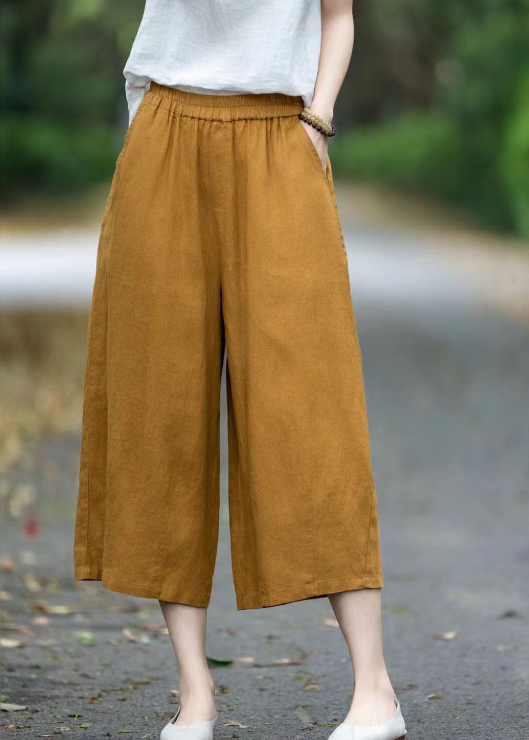 Plus Size Yellow Oversized Pockets Linen Pants Summer