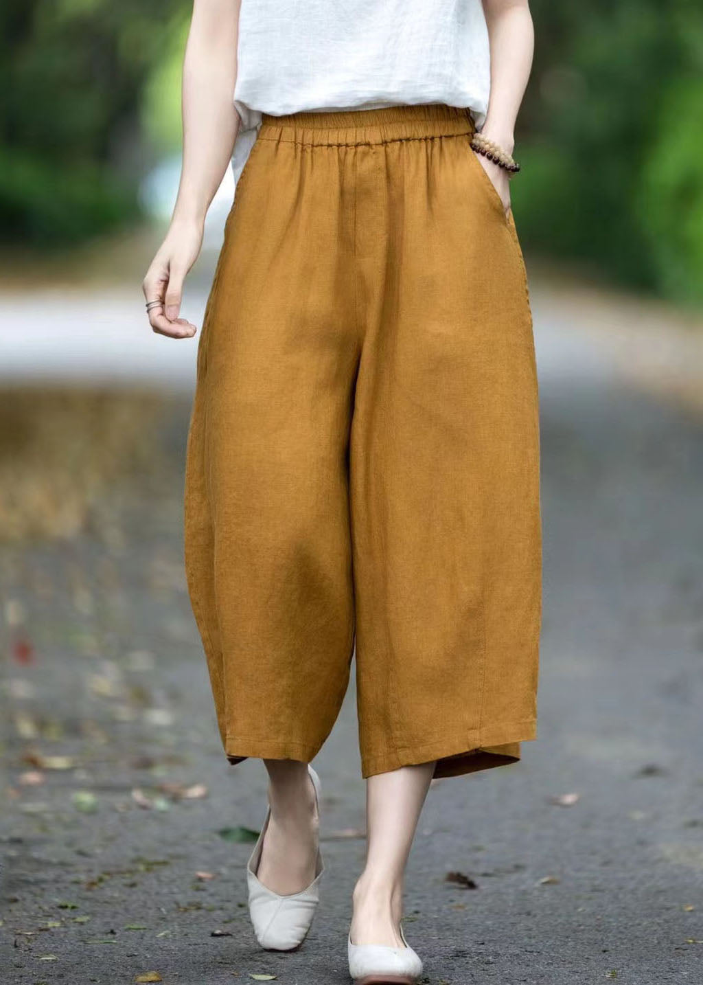 Plus Size Yellow Oversized Pockets Linen Pants Summer