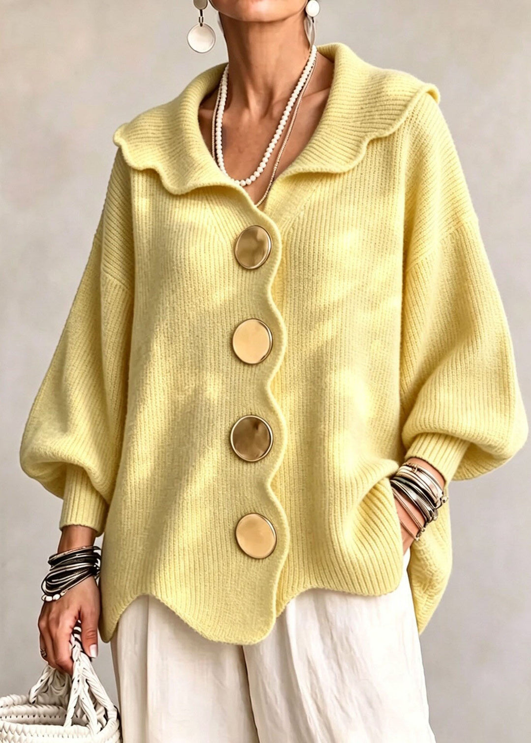 Plus Size Yellow Peter Pan Collar Button Cotton Knit Sweaters Fall