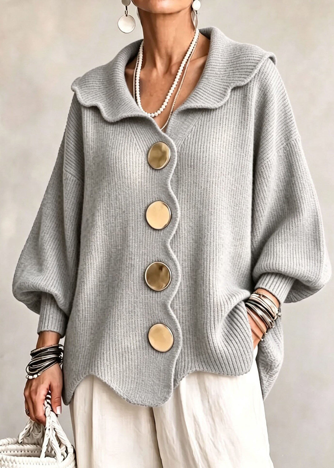 Plus Size Yellow Peter Pan Collar Button Cotton Knit Sweaters Fall