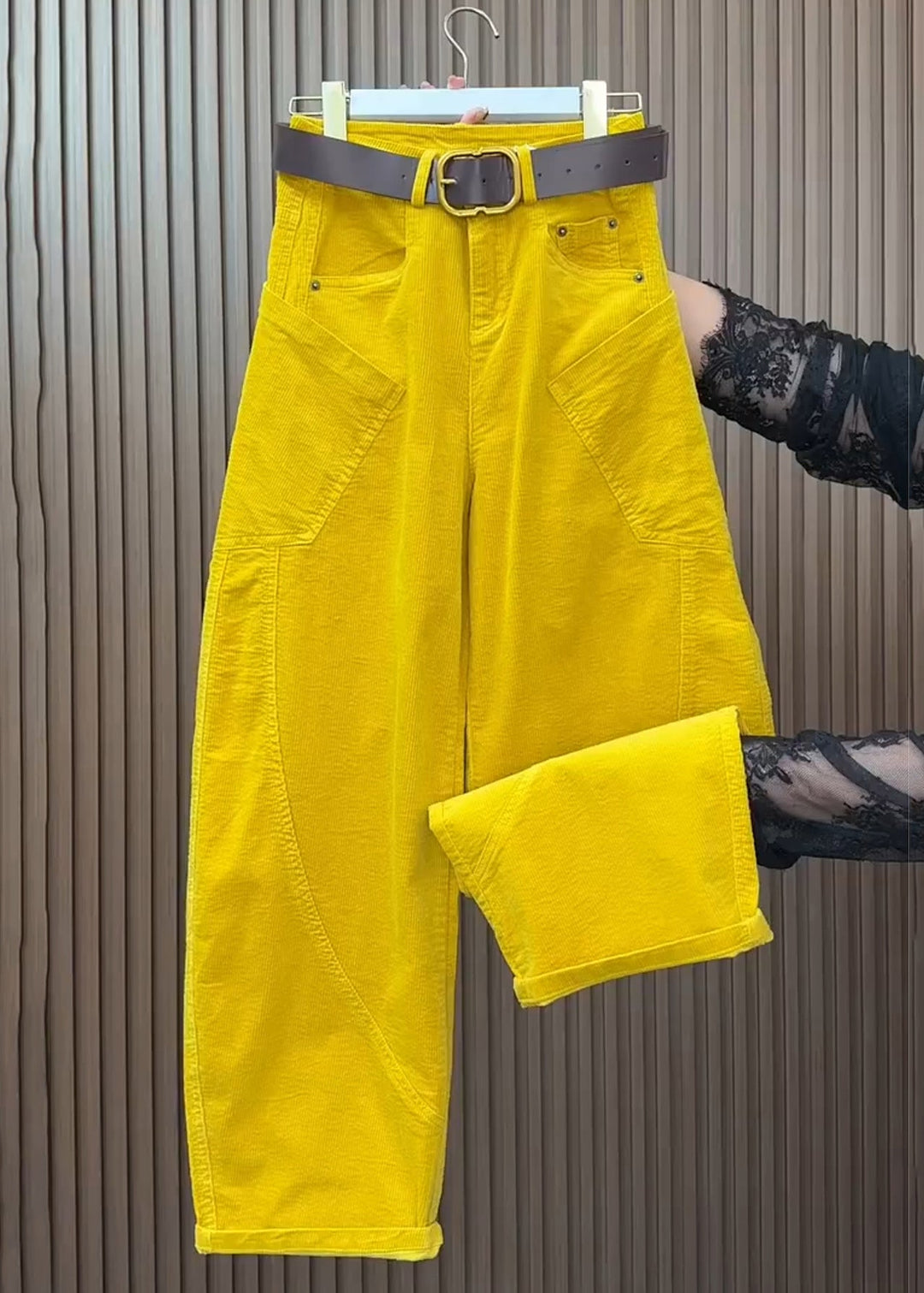 Plus Size Yellow Pockets High Waist Corduroy Wide Leg Pants Fall