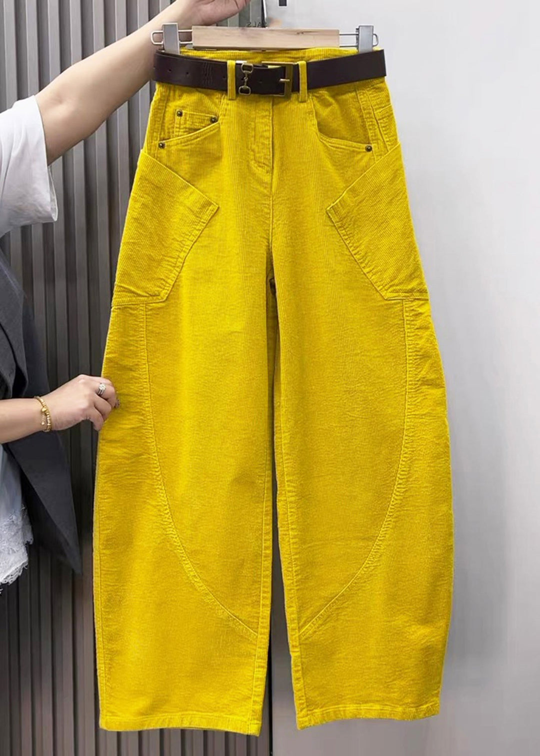 Plus Size Yellow Pockets High Waist Corduroy Wide Leg Pants Fall