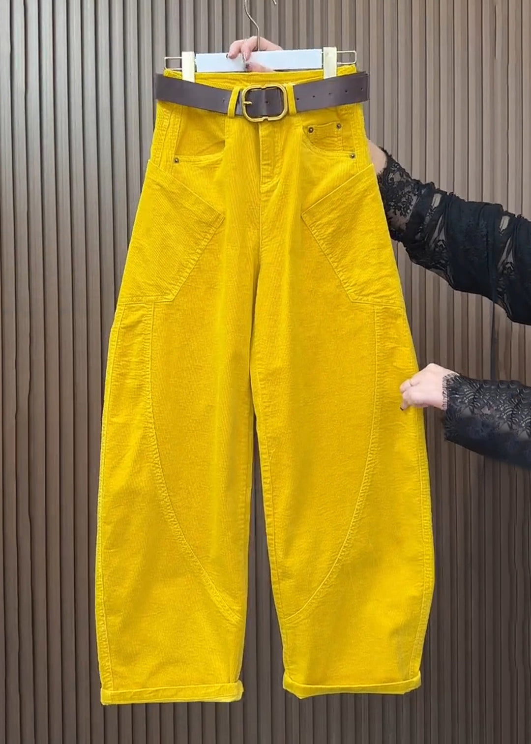 Plus Size Yellow Pockets High Waist Corduroy Wide Leg Pants Fall