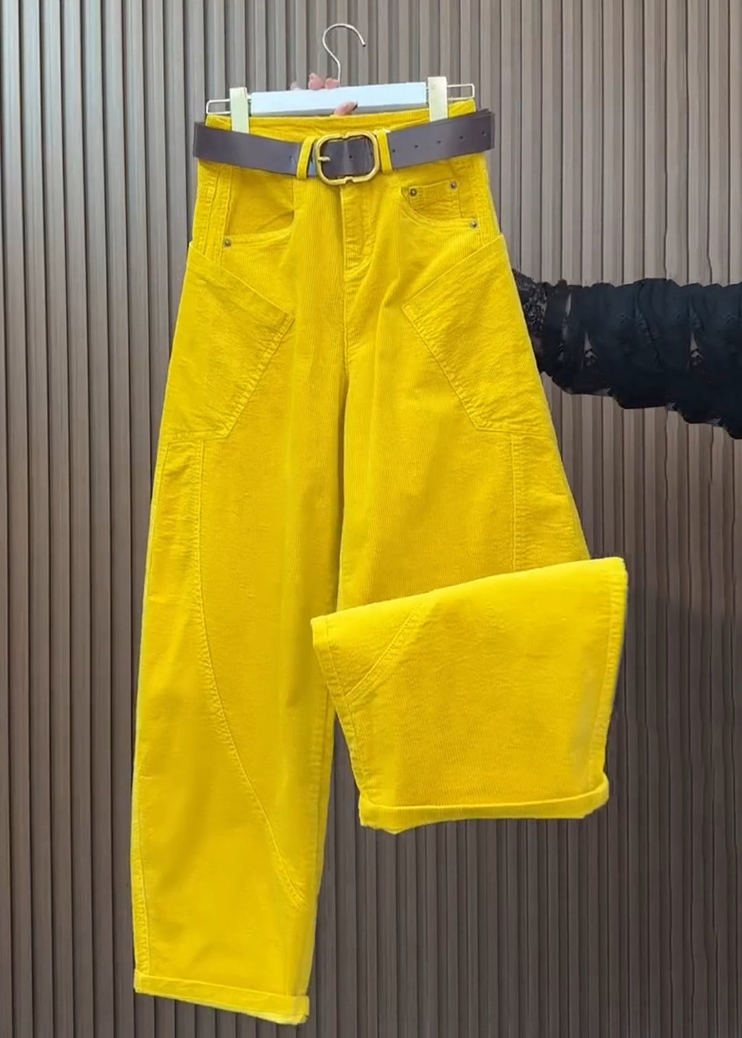 Plus Size Yellow Pockets High Waist Corduroy Wide Leg Pants Fall