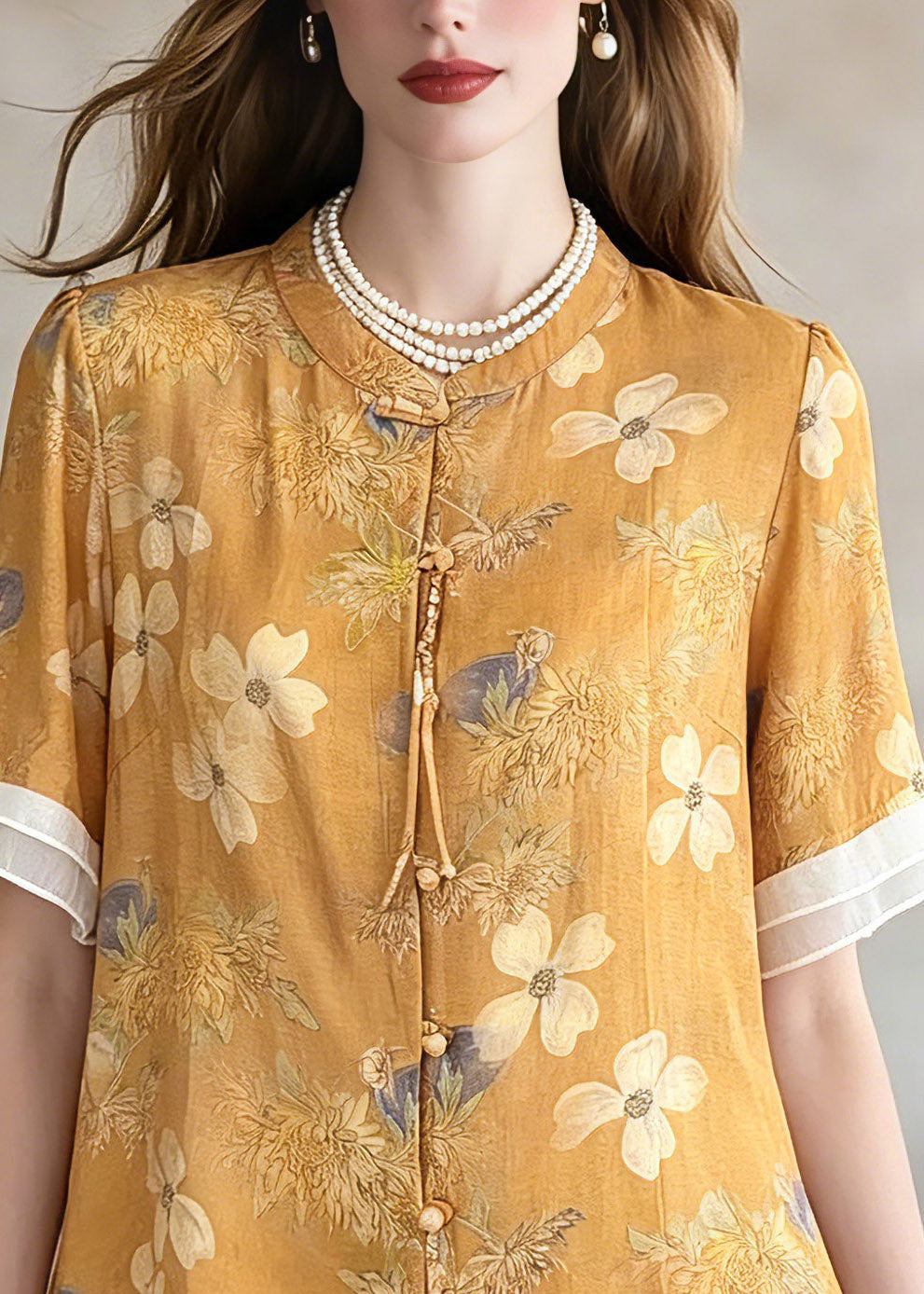 Plus Size Yellow Print Shirts Short Sleeve