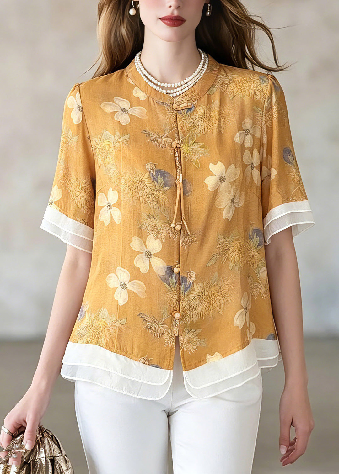 Plus Size Yellow Print Shirts Short Sleeve