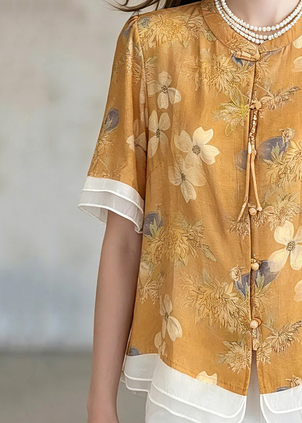 Plus Size Yellow Print Shirts Short Sleeve