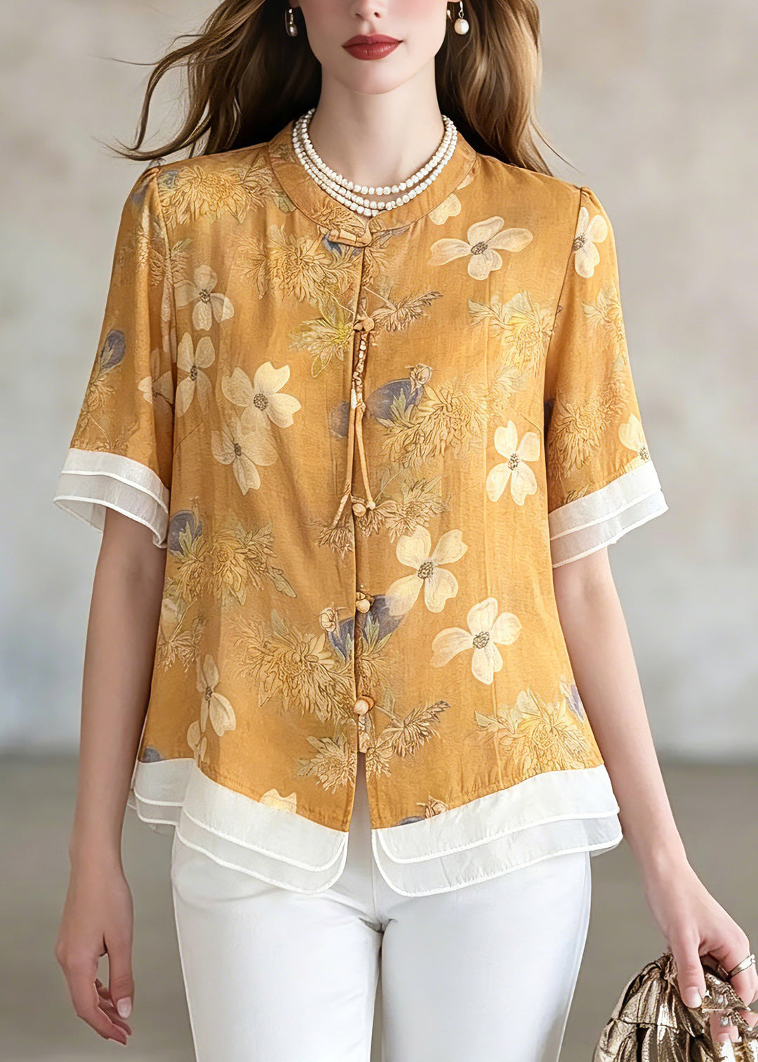 Plus Size Yellow Print Shirts Short Sleeve