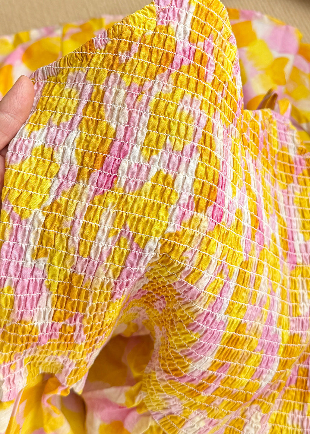 Plus Size Yellow Print Wrinkled Cotton Cami Dresses Summer