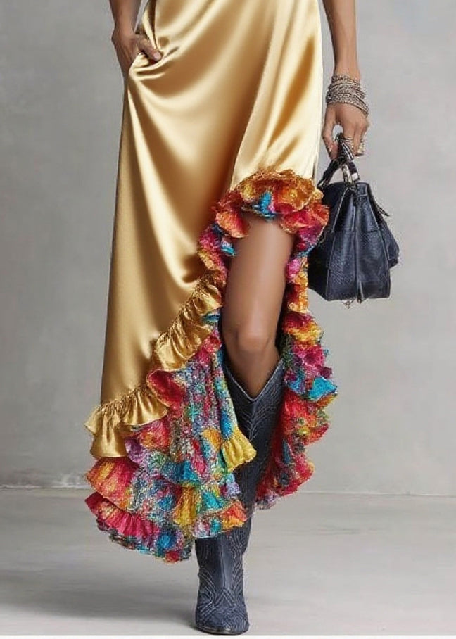 Plus Size Yellow Ruffled Asymmetrical Design Silk Hooded Dress Sleeveless