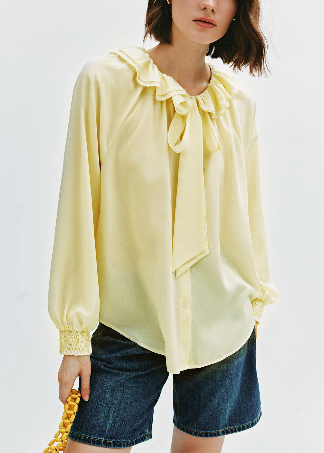 Plus Size Yellow Ruffled Lace Up Cotton Blouse Tops Fall