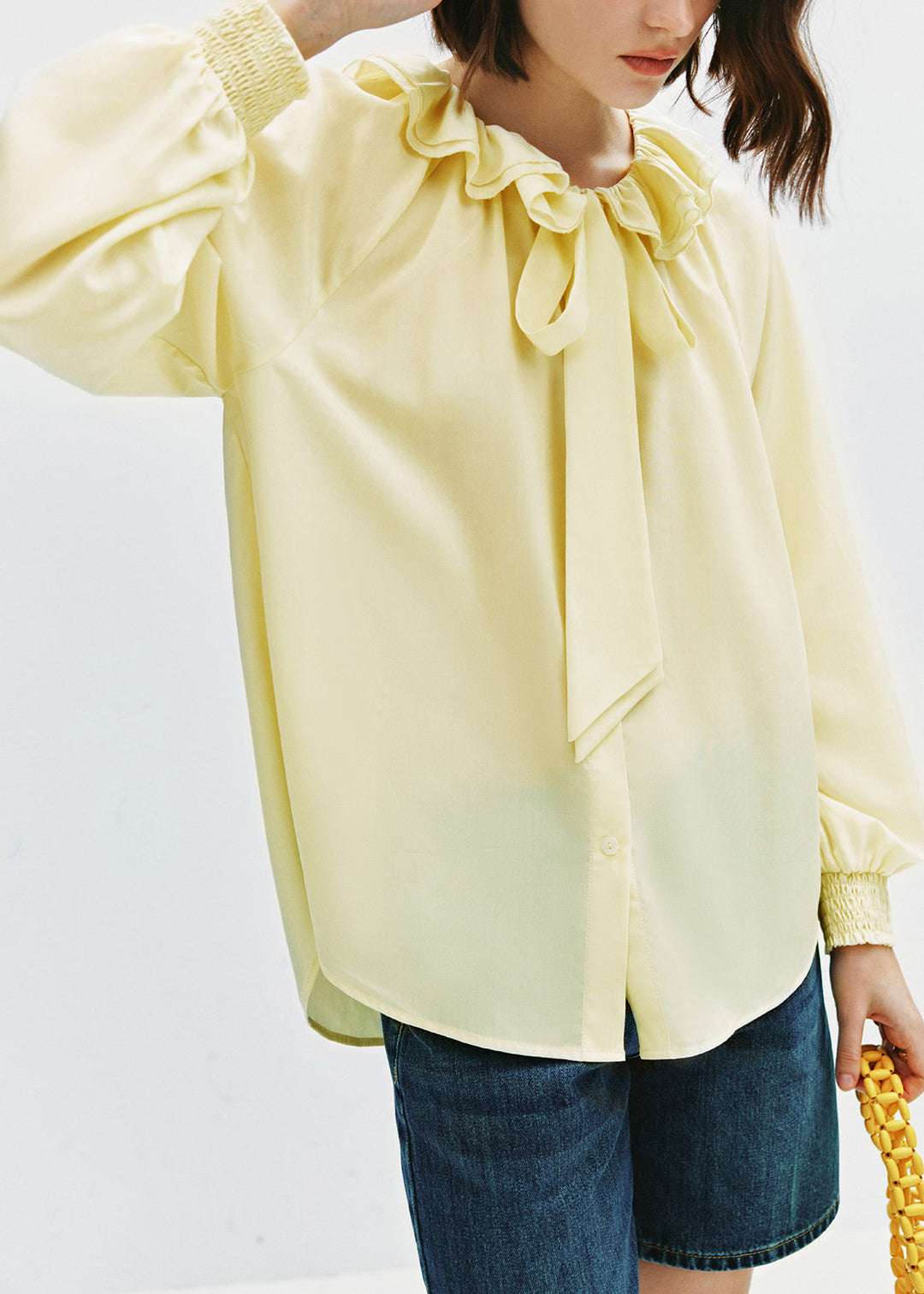 Plus Size Yellow Ruffled Lace Up Cotton Blouse Tops Fall