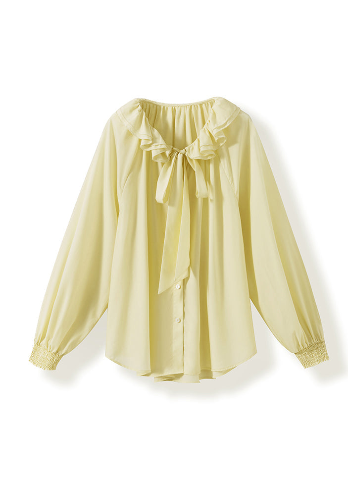 Plus Size Yellow Ruffled Lace Up Cotton Blouse Tops Fall