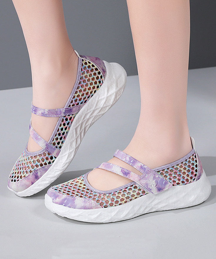 Purple Breathable Mesh Flat Feet Shoes Splicing Buckle Strap