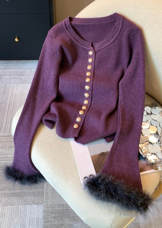 Purple Button Fluffy Patchwork Knit Sweater O Neck Spring