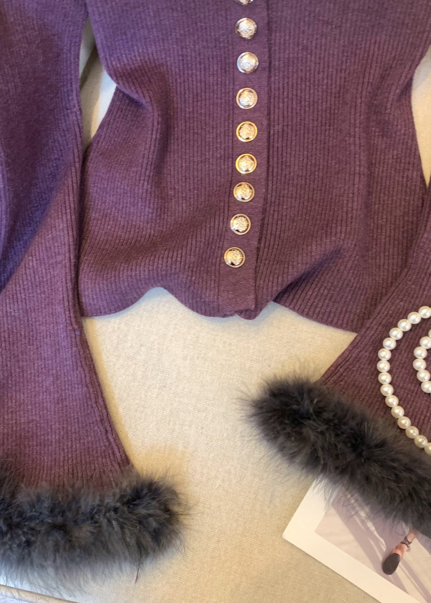 Purple Button Fluffy Patchwork Knit Winter Sweater O Neck