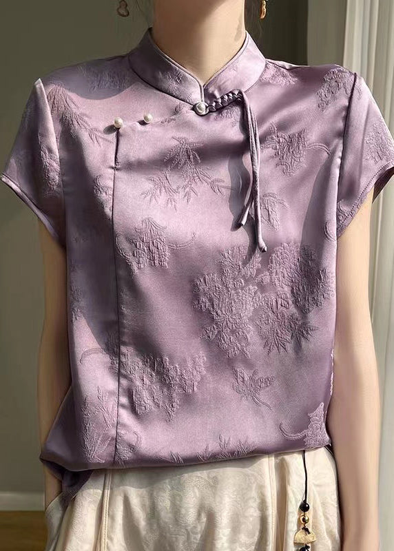 Purple Button Silk Blouses Stand Collar Short Sleeve