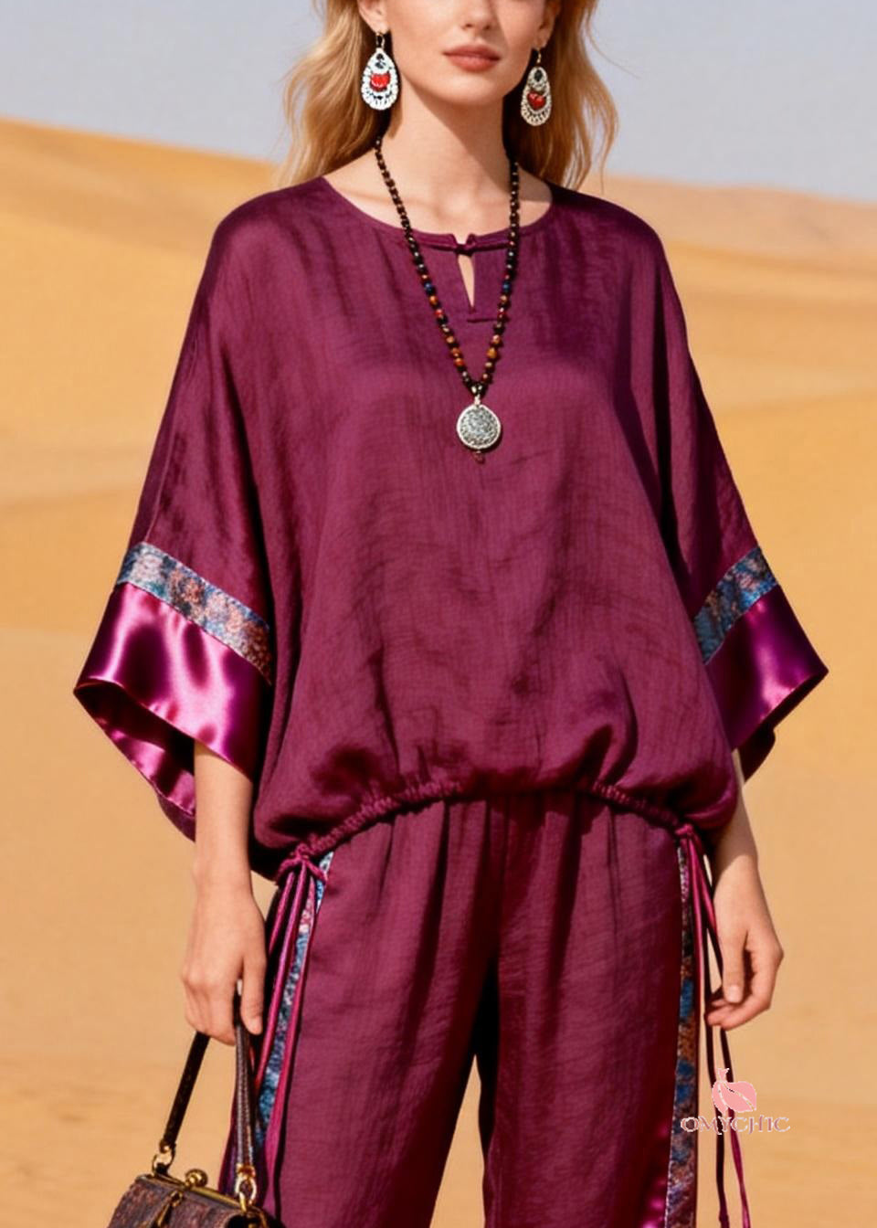 Purple Drawstring Patchwork Silk Linen Two Piece Set O Neck Bracelet Sleeve