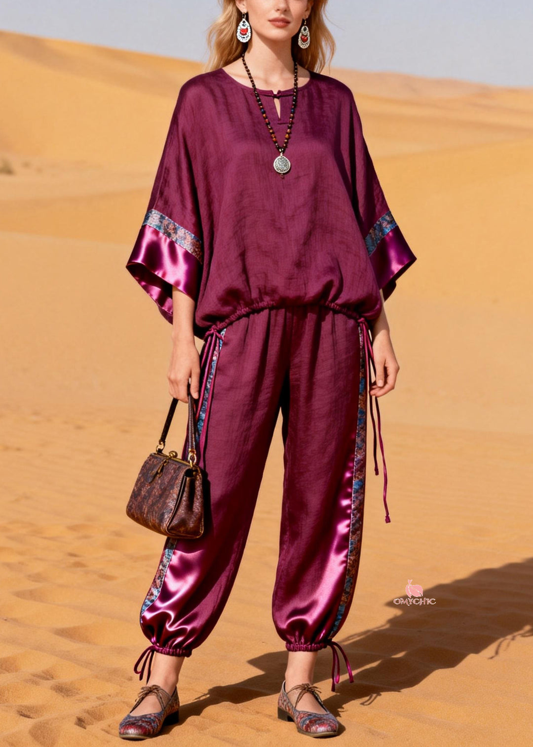 Purple Drawstring Patchwork Silk Linen Two Piece Set O Neck Bracelet Sleeve