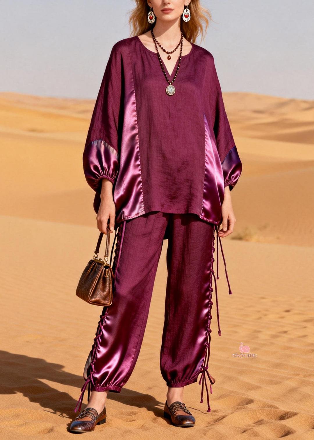 Purple Drawstring Patchwork Silk Linen Two Pieces Set V Neck Spring