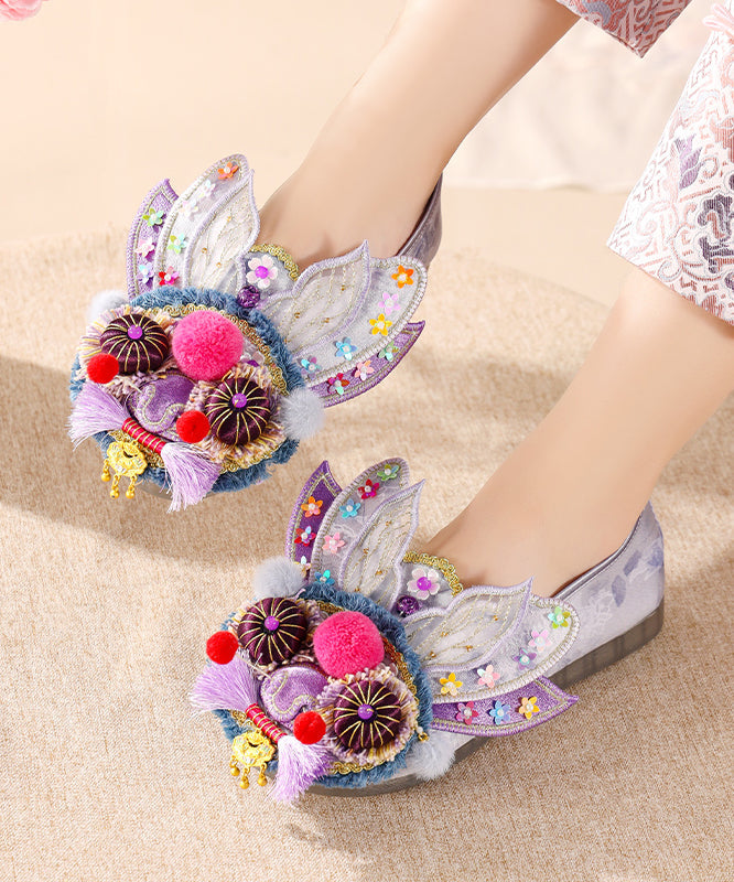 Purple Flat Feet Shoes Cotton Fabric Handmade Splicing Embroidered