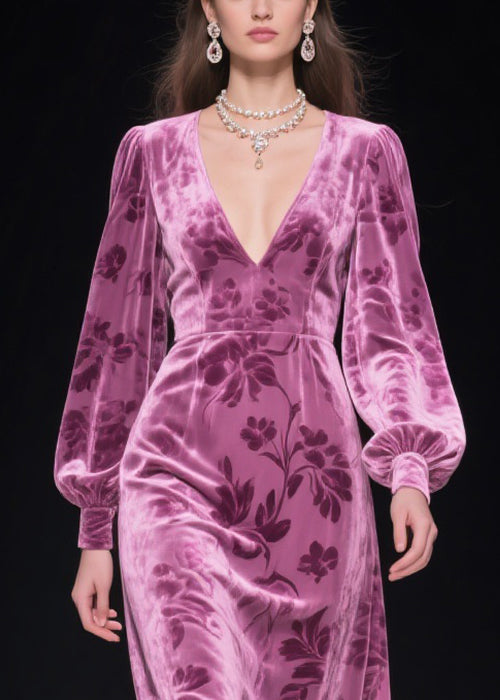 Purple Floral Tulle Patchwork Silk Velvet Dress V Neck Spring
