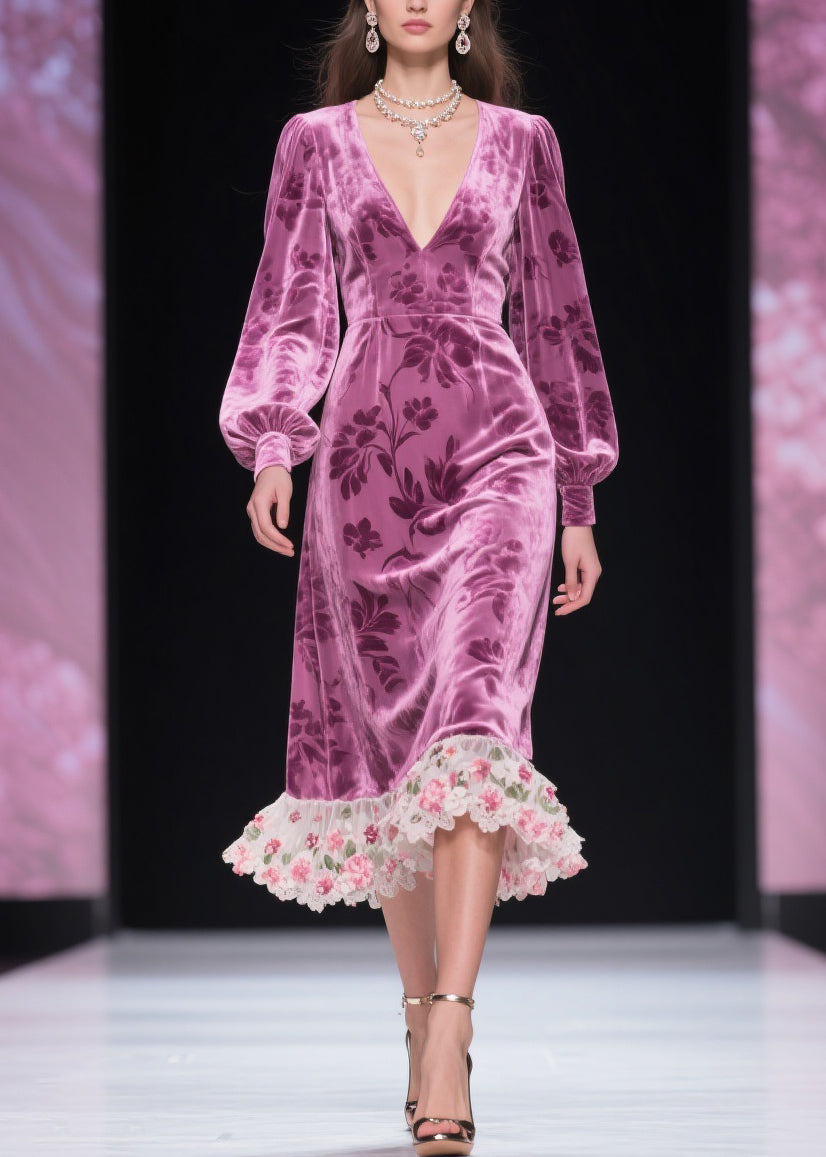Purple Floral Tulle Patchwork Silk Velvet Dress V Neck Spring
