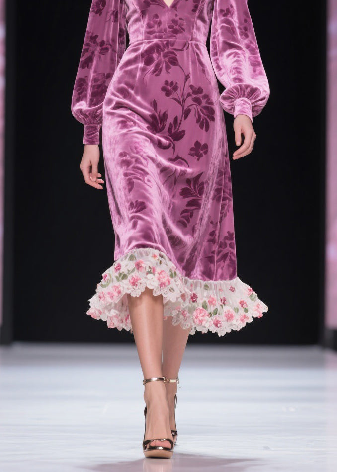 Purple Floral Tulle Patchwork Silk Velvet Dress V Neck Spring