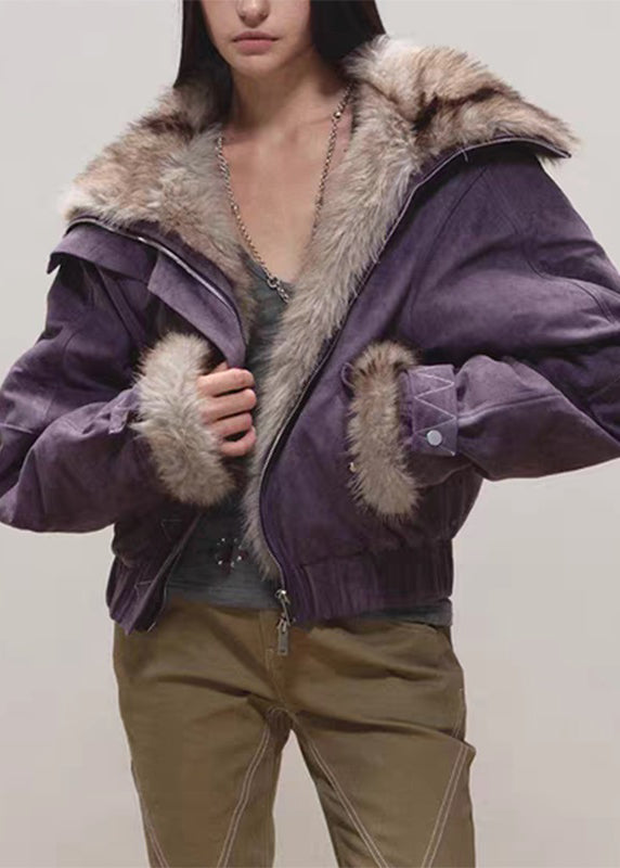 Purple Fur Collar Patchwork Zippered Thick Parkas Winter