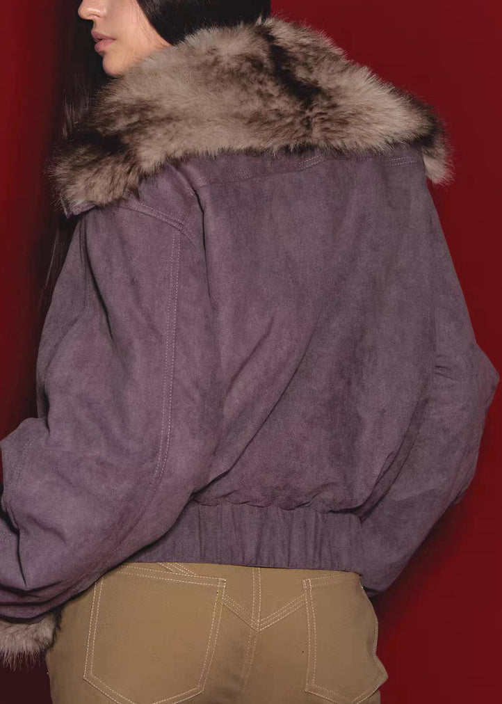 Purple Fur Collar Patchwork Zippered Thick Parkas Winter