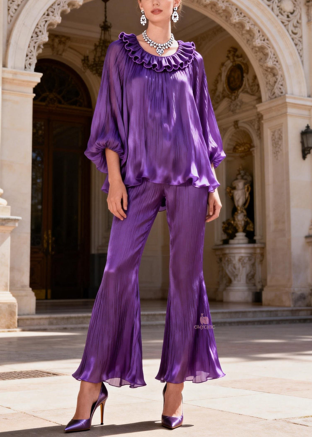Purple High Waist Tops And Bell Bottom Trousers Silk Two Piece Set Ruffled Lantern Sleeve