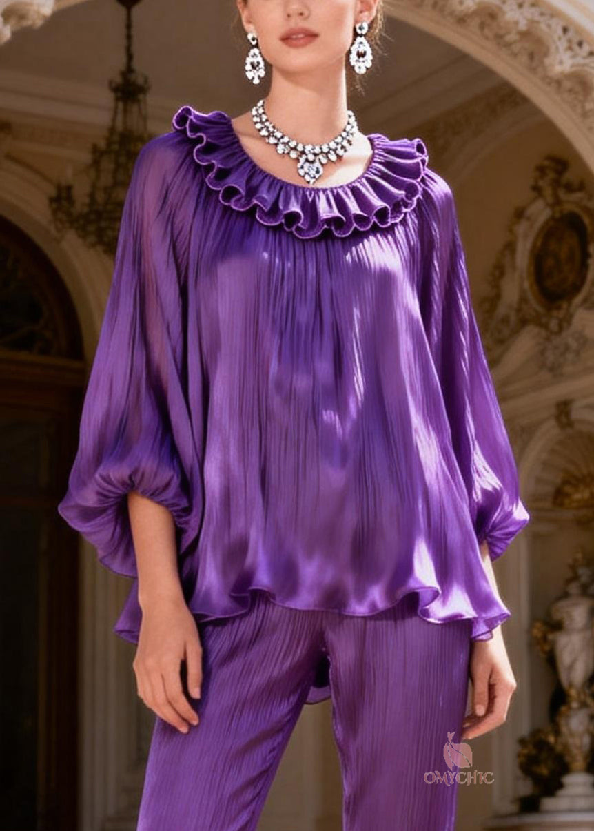 Purple High Waist Tops And Bell Bottom Trousers Silk Two Piece Set Ruffled Lantern Sleeve