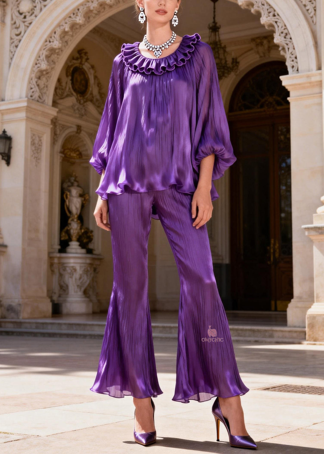 Purple High Waist Tops And Bell Bottom Trousers Silk Two Piece Set Ruffled Lantern Sleeve