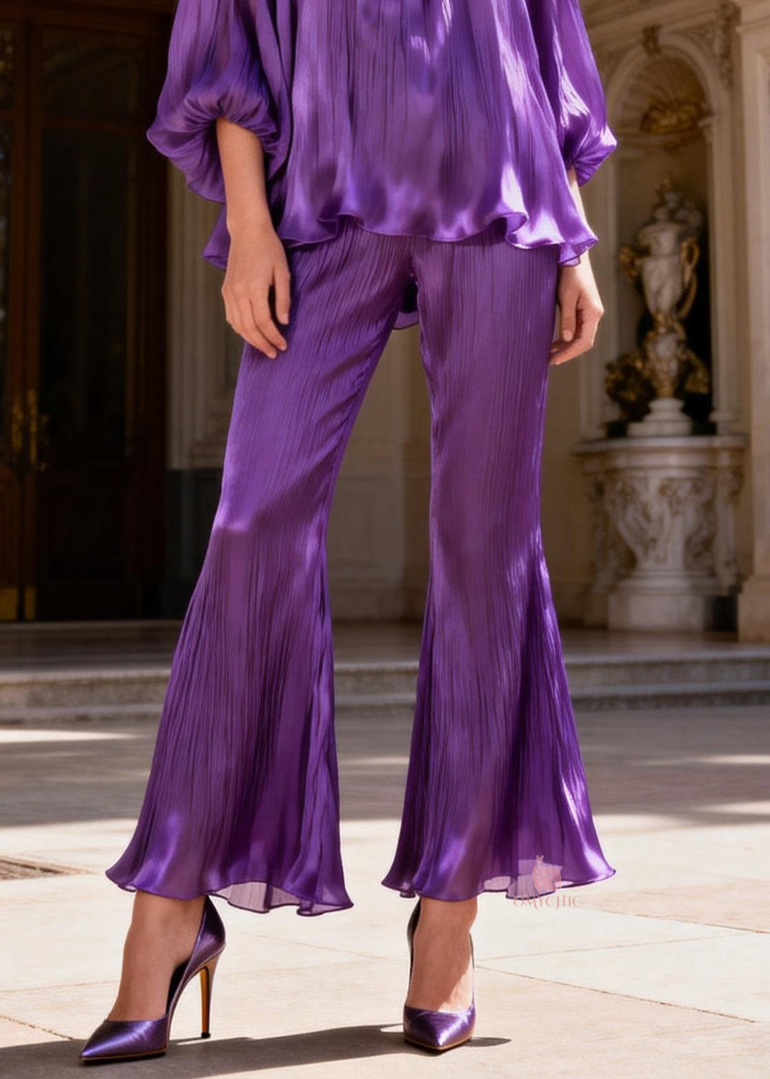Purple High Waist Tops And Bell Bottom Trousers Silk Two Piece Set Ruffled Lantern Sleeve
