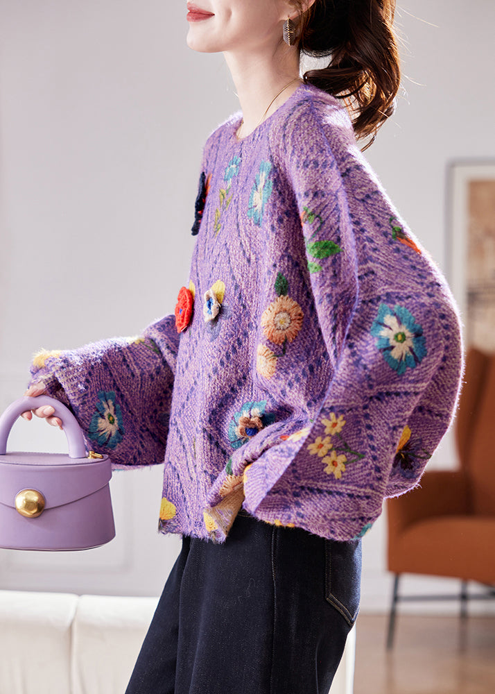 Purple Hollow Out Floral Knit Sweaters O Neck Winter
