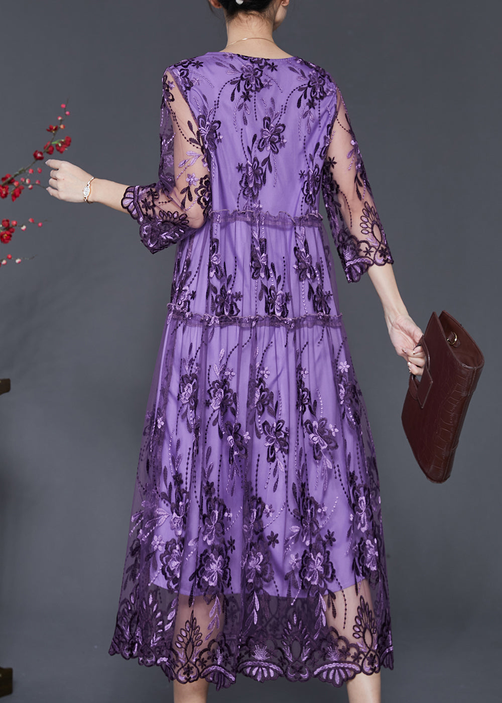 Purple Hollow Out Tulle Dress Embroidered Summer