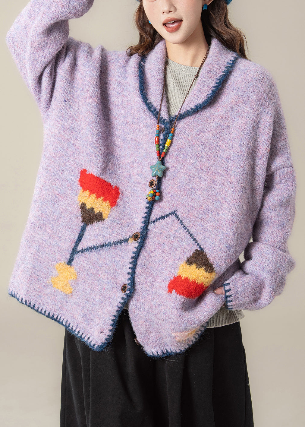 Purple Jacquard Button Knit Coats Peter Pan Collar