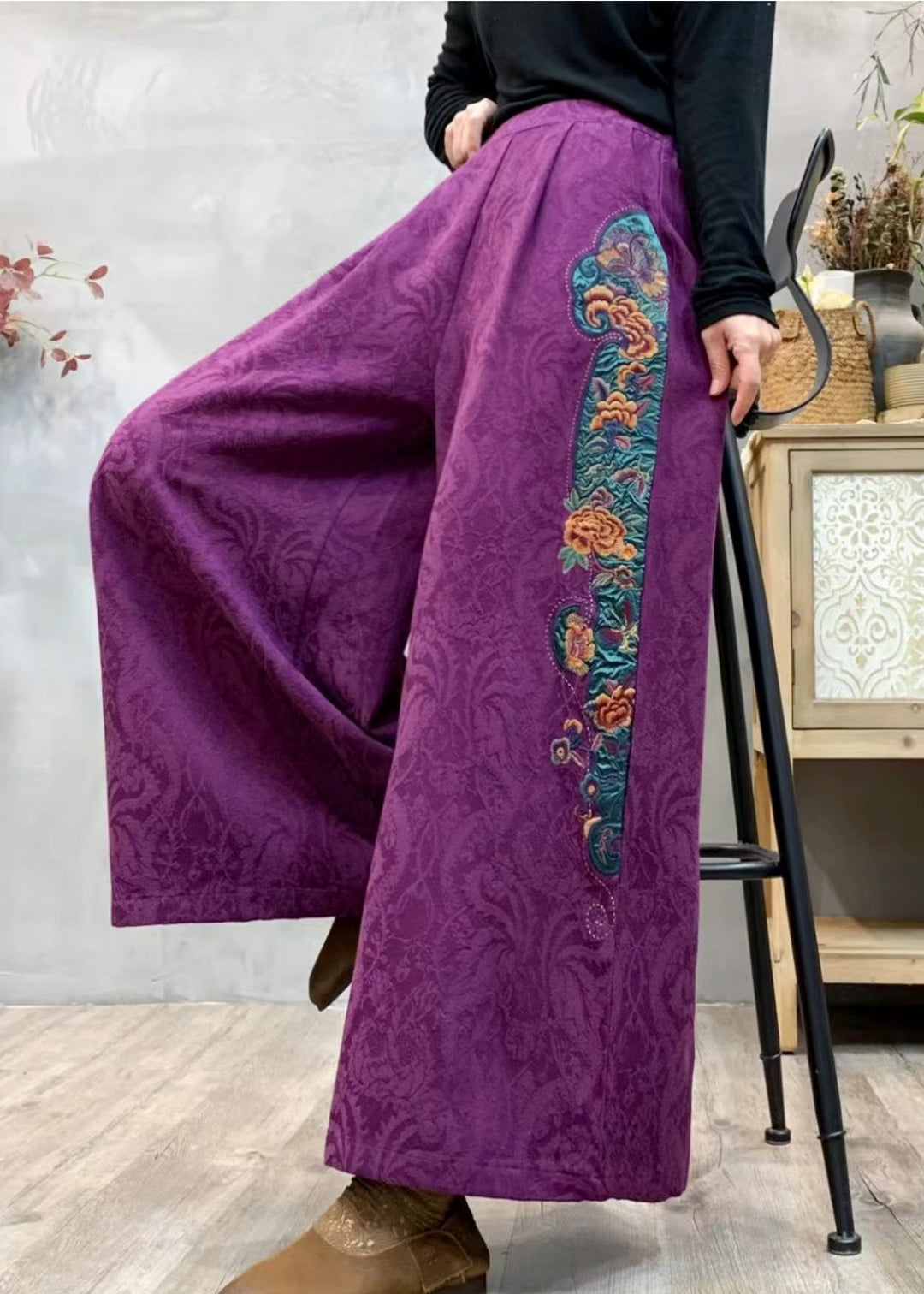 Purple Jacquard Linen Wide Leg Pants Embroidered Spring